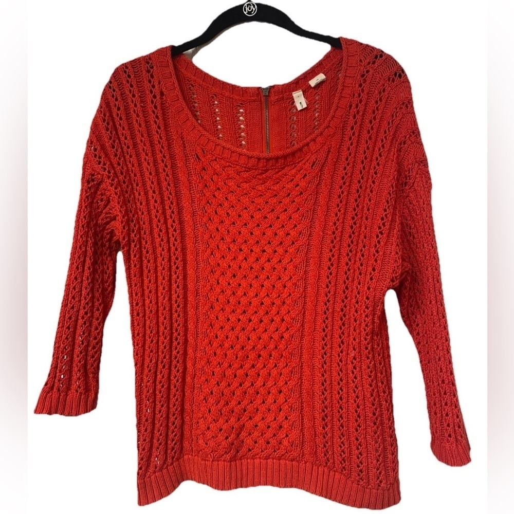 Anthropologie MOTH Chunky Cable knit red/orange Zip 3/4 Sleeve Sweater Size L - Picture 2 of 9
